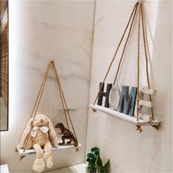 2-Piece Rustic White Hanging Wood Shelves with Rope & 4 Hooks – Floating Wall Decor