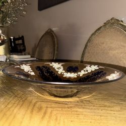 Vintage Bohemian Cobalt Glass Enamel Floral Console Bowl – Gold Decor