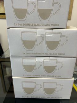 4  coffee and tea sets.  Furmaware double wall glass mugs sets.  1 set 2x 12 Oz, 2 sets 2X10 Oz, 1 set  2 X 3 Oz. Each set of 2 mugs cost $10.