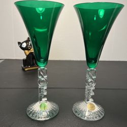 Cristal D'Arques 2 Noel Green Wine Goblet Champagne Glasses Christmas Gift NIB