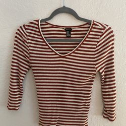 Red And White Striped Long Sleeve From Forever 21 With V Neck Size M  