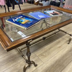 Coffee Table , Brass Base  Wood Framed Glass Top