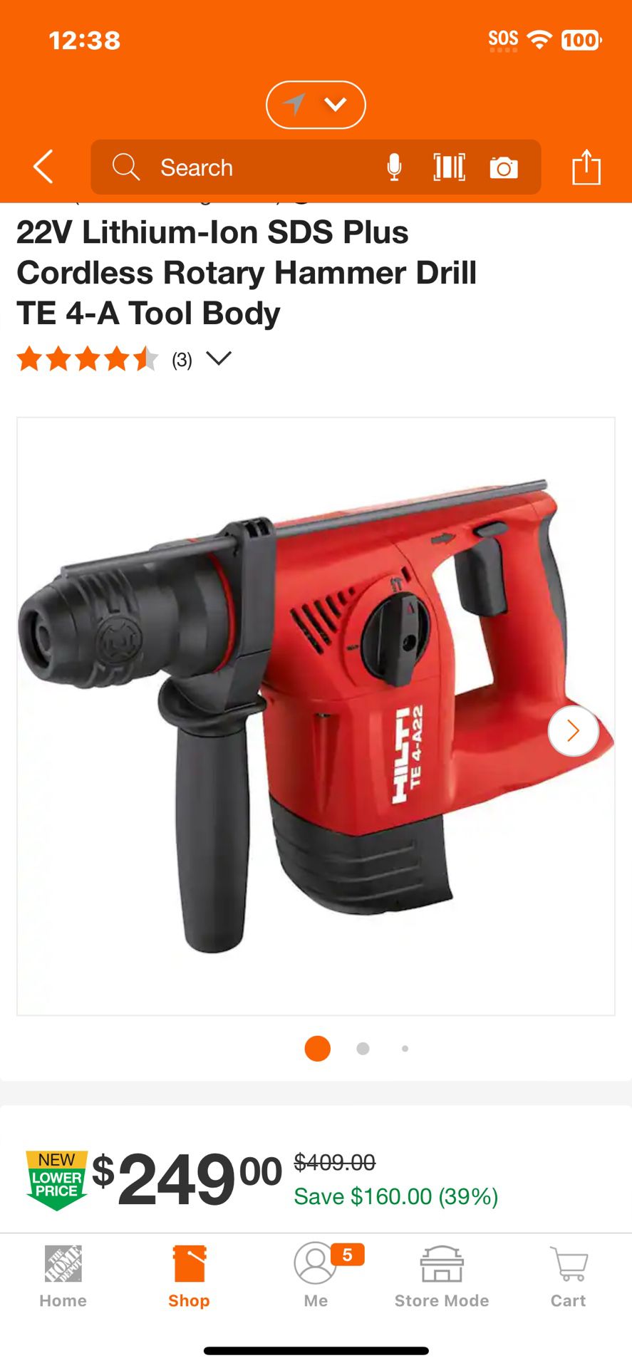 Hilti USED 22V Lithium-Ion SDS Plus Cordless Rotary Hammer Drill TE 4-A (Tool Only )