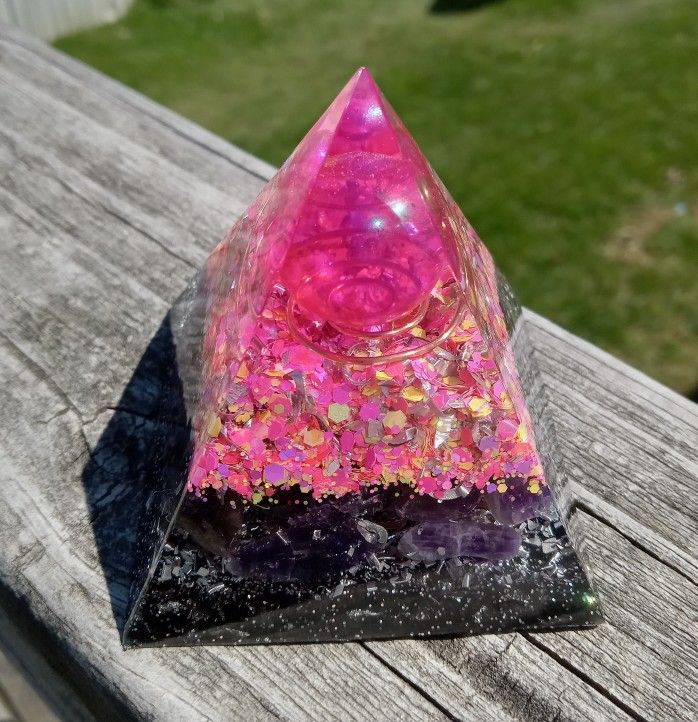 Pink aura quartz and amethyst orgonite orgone resin pyramid figurine home decor