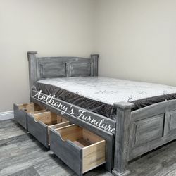 Solid Wood Full Size Bed & Bamboo Mattress + Drawers 