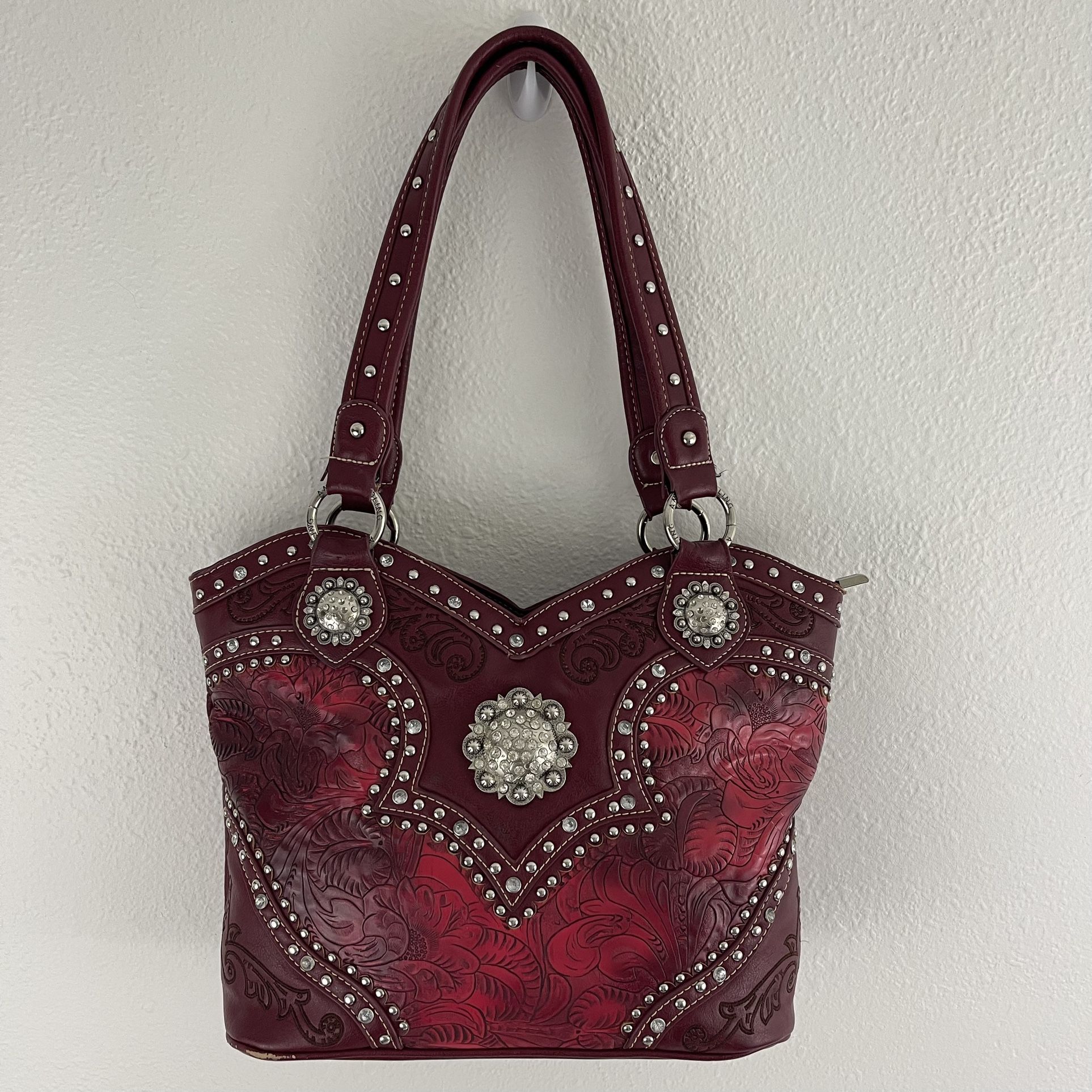 AMERICAN BLING Y2K Red Burgundy Faux Tooled Leather Western Studded Shoulder Bag