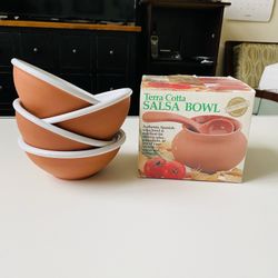 4 Terra Cotta Bowls. White Glazed inside and Natural Finish outside. Brand new. Never used. 6” in diameter. And Terra Cotta Salsa Bowl with a Spoon. B