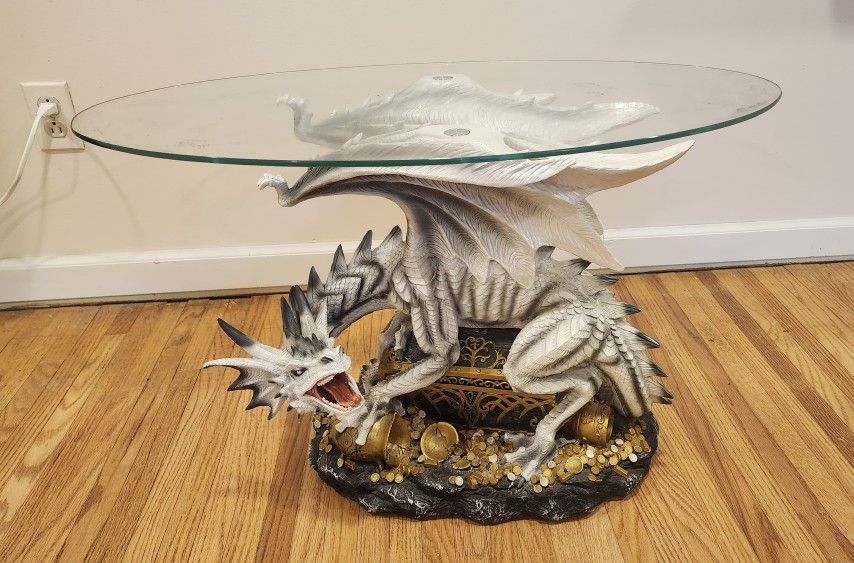 Ice Armor Oval Tempered Glass Top White And Black Gaurding Dragon Statue Figurine With Gold Coffee Table 19" H, Polyresin, Full Color