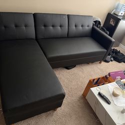 Black Leather Sectional w/ Futon and Storage
