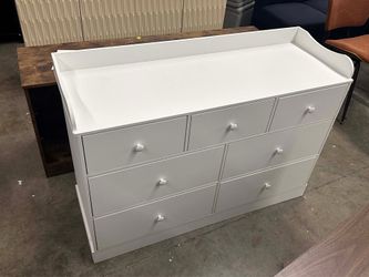Kids Dresser Cabinet with 7 Drawers and Large Table Top, Multi-Functional Chest of Drawers, Baby Dresser, Nightstand White（Crack）