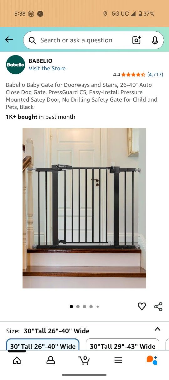 Babelio Baby Gate for Doorways and Stairs, 26-40" Auto Close Dog Gate, Easy-Install Pressure Mounted Satey Door, No Drilling Safety Gate for Child