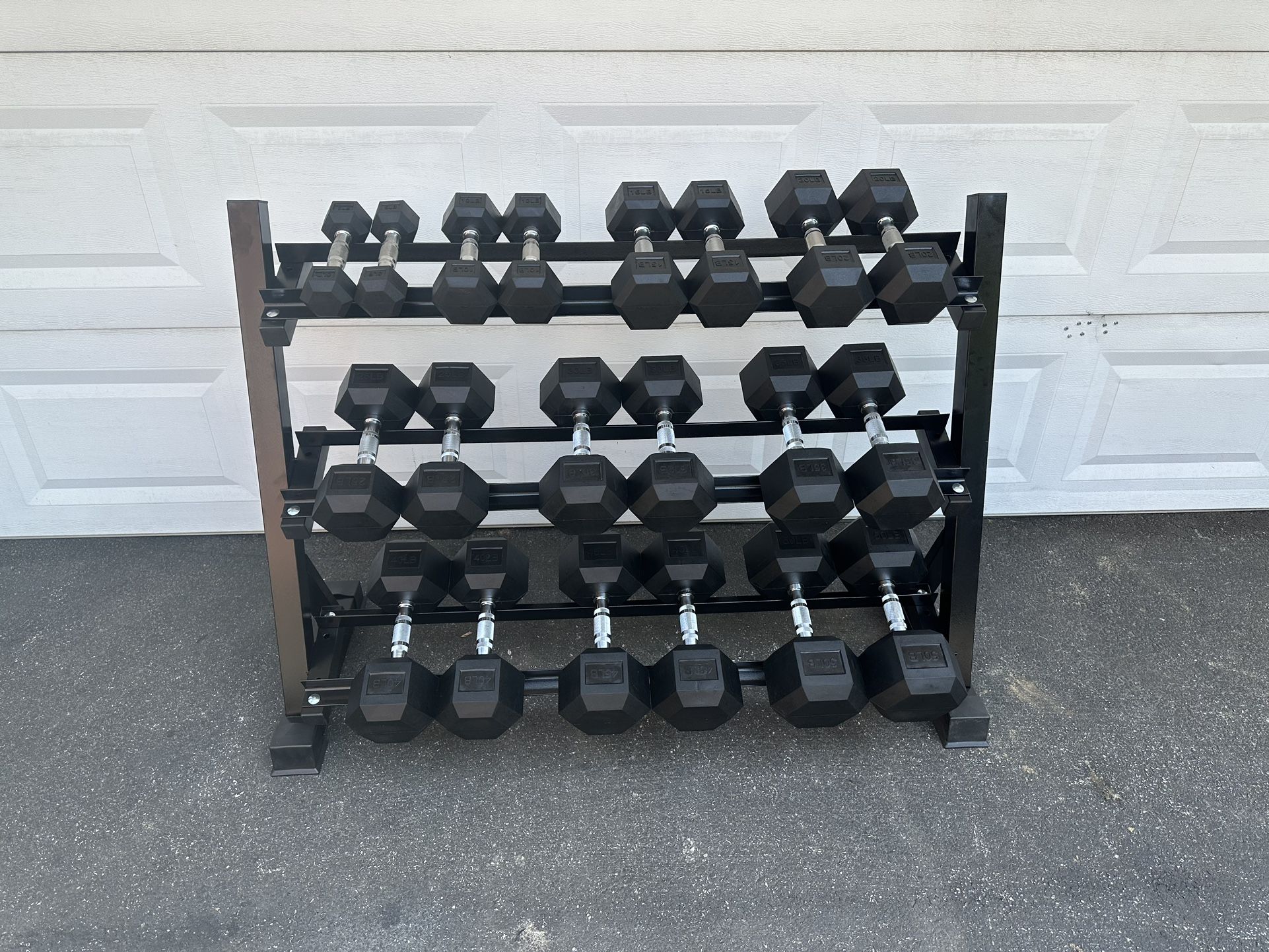 New 5-50 Rubber Hex Dumbbell Set With 3 Tier Rack