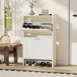 Shoe Cabinet, Narrow Shoe Organizer for Entryway, White Slim Shoe Rack with 2 Flip Drawers, Open Storage, Louvered Doors, Anti-tip Device, Hidden Stor
