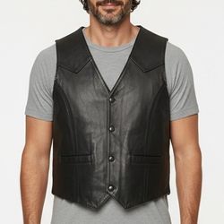 XL Vintage Modal New York Men's Black Genuine Leather Lined Vest w/ Pockets SZ XL