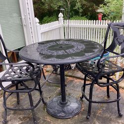 Heavy Cast Aluminum Hi Top Table And 2 Matching Chairs