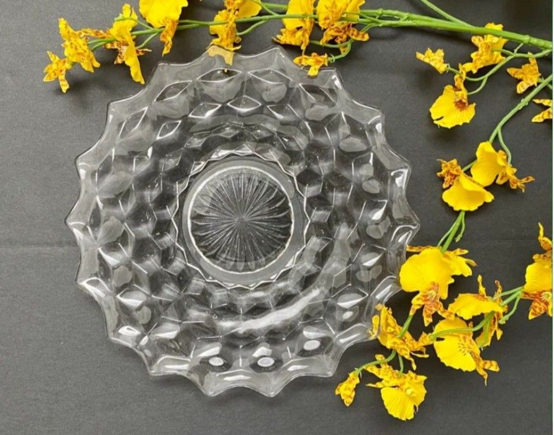 9 Vintage glass dessert plates - Fostoria American Salad/ Dessert/ Appitizer plates. Cubist Style Geometric Pattern