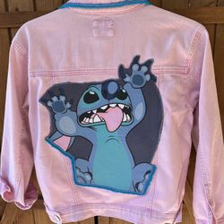 Disney LILO and STITCH Girl’s Pink Denim Jean Jacket with Blue Trim Collar 9-10 Size