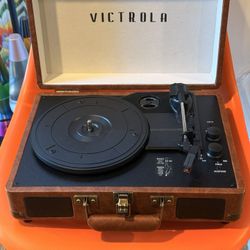 Victrola Portable Record Player with Built In Speakers and Bluetooth Connectivity (Brown Leather)