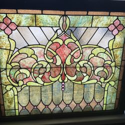 Stained Glass Window Reclaimed Salvaged Victorian Design Possible Antique 34”x40”