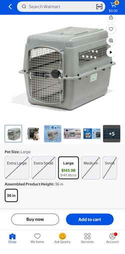 Petmate Sky Kennel for Dogs, IATA Approved, Plastic Travel Carrier, Gray, For Dogs 50-70 lbs, Large, 40" x 27" x 36"