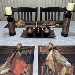 Dining Table Dublin Brown Decor Set – Centerpiece, Candle Holders, Placemats & Napkins 