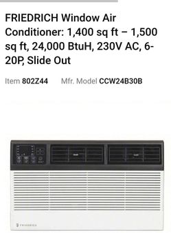 "FRIEDRICH Window Air Conditioner: 1,400 sq ft – 1,500 sq ft, 24,000 BtuH, 230V AC, 6-20P, Slide/O