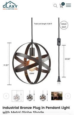 Industrial Bronze Plug in Pendant Light with Metal Globe Shade SKU:YO-T5019DU-OB-C