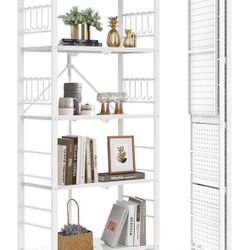 5-Tier Storage Folding Shelf with 20 Hooks, 4 Wheels, and Adjustable Feet, Stainless Steel