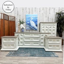 Bedroom 4 PC Broyhill premier Dresser Nightstands Armoire Painted Refinished Coastal Off White And Driftwood Tops DELIVERY 🚚 AVAILABLE