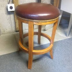 Wooden Bar Stool With Leather Top 18" Diameter 26" Tall