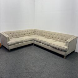 Chesterfield Style Tufted Oatmeal Sectional Couch - Good as New - Can Deliver