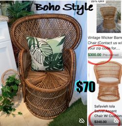 $70 Vintage Boho/Coastal Style Woven Rattan Wicker Barrel Chair in great condition PILLOW NOT INCLUDE