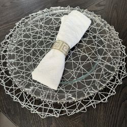 13" Glass Charger Plates, Silver Placemats, White Napkins & Silver Napkin Rings