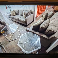 Grey 3pc Couch Set With Matching Glass Tables 