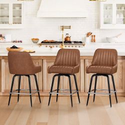 3X Brown 26” Swivel Faux Leather Barstools