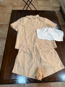 Women’s Beige Linen Short Sleeve Shirt and Shorts Set