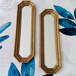 Set of 2 vintage 1978 Homco gold framed mirrors Hollywood regency glam They can hang vertically or horizontally  17 5/8” x 5 1/4” x 1 1/4” thick
