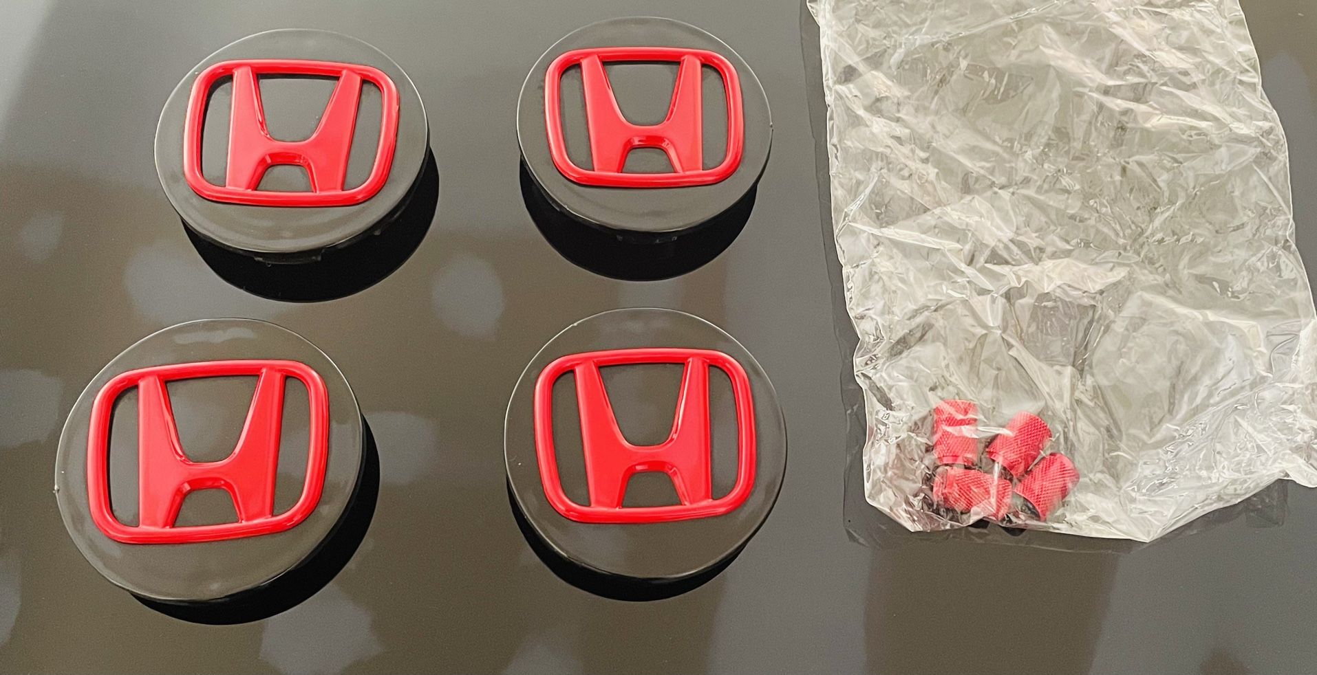 Set of 4 Wheel Rim Center Caps Black/Red Logo 69MM/2.75' with Red Honda Valve Caps 