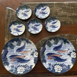 Vintage Koi Fish Porcelain Plate Set – Asian Style Blue & White (7 Pieces)