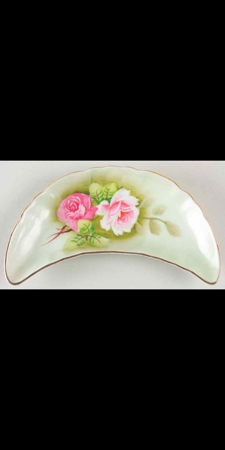 Lefton Heritage Green Bone China Crescent Pink Rose Trinket Tray Gold Trim. Candy Jewelry Soap Dish