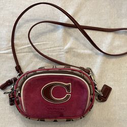COACH RARE Jacquard Signature "C" Pink Suede Camera Crossbody Bag