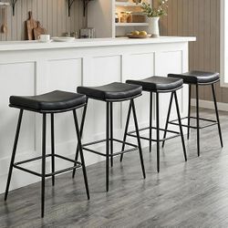 26 inch Counter Height Black Leather Bar Stools Set of 4, Backless Saddle Bar Stools for Kitchen