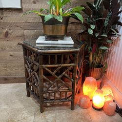 Vintage Bamboo Chippendale Octagon Regency Dark Brown Occasional Table Glass Top Rattan Woven Boho 