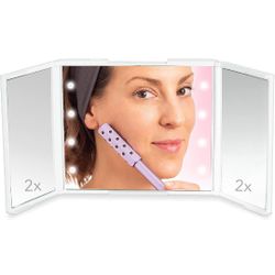 Compact Trifold LED Rectangular Travel Mirror, White, 1.1"L x 5"W x 7.2"H, Aluminum Frame
