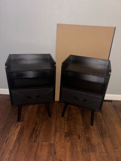 2 Black Nightstands Tables with Fabric Storage Drawers