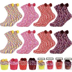  8 Pairs Valentine's Day Cupcake Socks Gifts for Women Girl Fuzzy Fluffy Sock DIY Present Socks Birthday Gifts