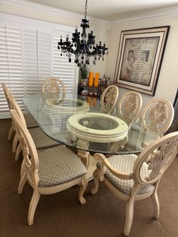 Glass Top Dining Table with 8 Carved Chairs