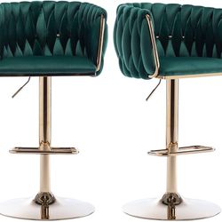 Velvet Swivel Bar Stools Set of 2, Counter Height Bar Stool with Woven Back, Gold Kitchen Bar Stools for Kitchen Island, Cafe, Pub, Bar Counter (Green