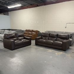 Real Leather Brown Sofa Loveseat Couch