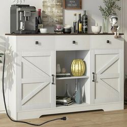 53" Modern Farmhouse Coffee Bar Cabinet with Power Outlet & 3 Drawers, Wood Kitchen Sideboard Buffet Cabinet with 2-Door Cabinet and Adjustable Shelve